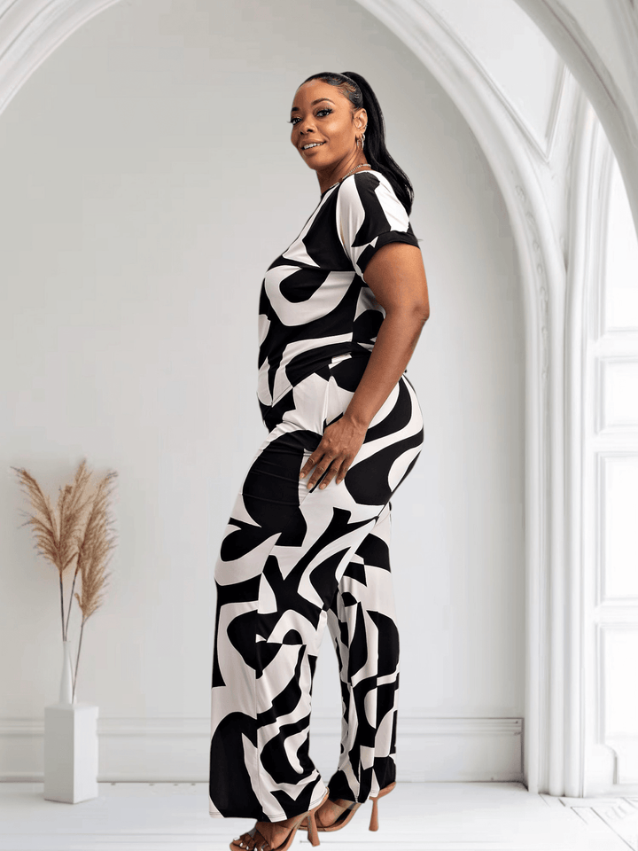 Lori Print Black and White Matching Plus Size Pants Set With Pockets - GiFTiFY