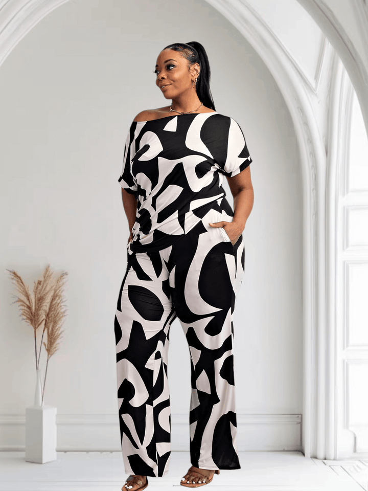 Lori Print Black and White Matching Plus Size Pants Set With Pockets - GiFTiFY