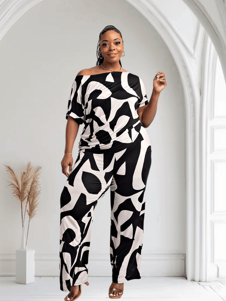 Lori Print Black and White Matching Plus Size Pants Set With Pockets - GiFTiFY