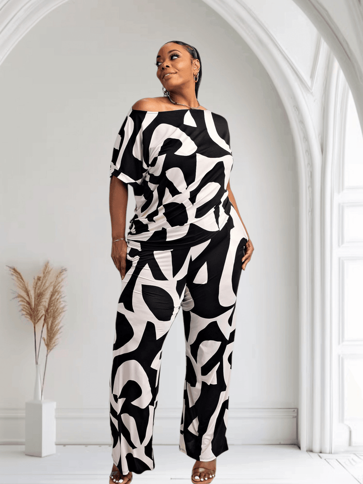 Lori Print Black and White Matching Plus Size Pants Set With Pockets - GiFTiFY