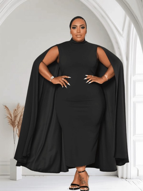 The Stella Cape Plus Size Midi Dress - Black - GiFTiFY