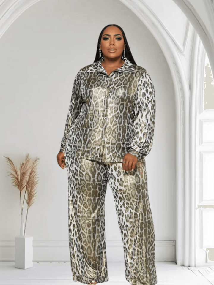 Tough Skin Plus Size Leopard Gold Foil Pants Set - GiFTiFY