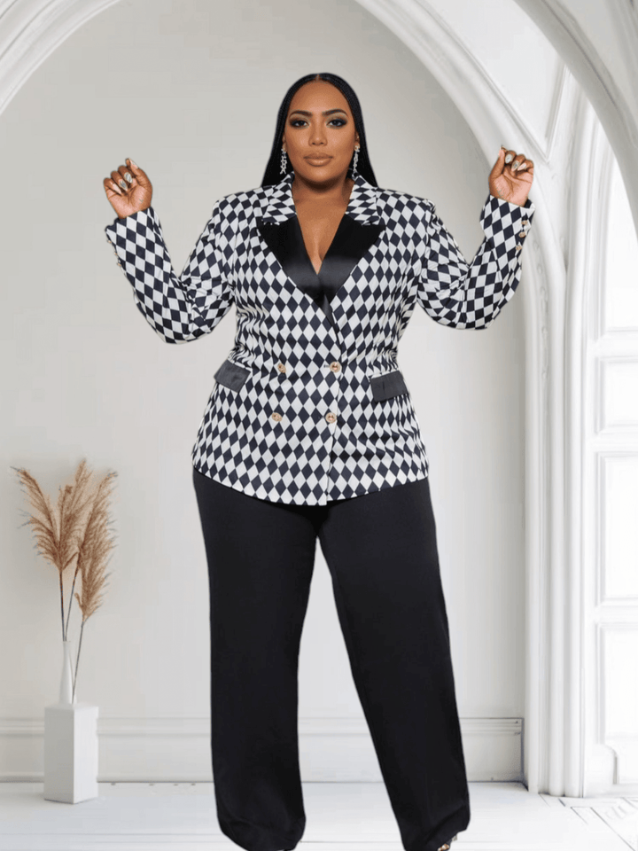Boss Babe Diamond Shape Print Double Breated Plus Size Pant Suit - Black - GiFTiFY