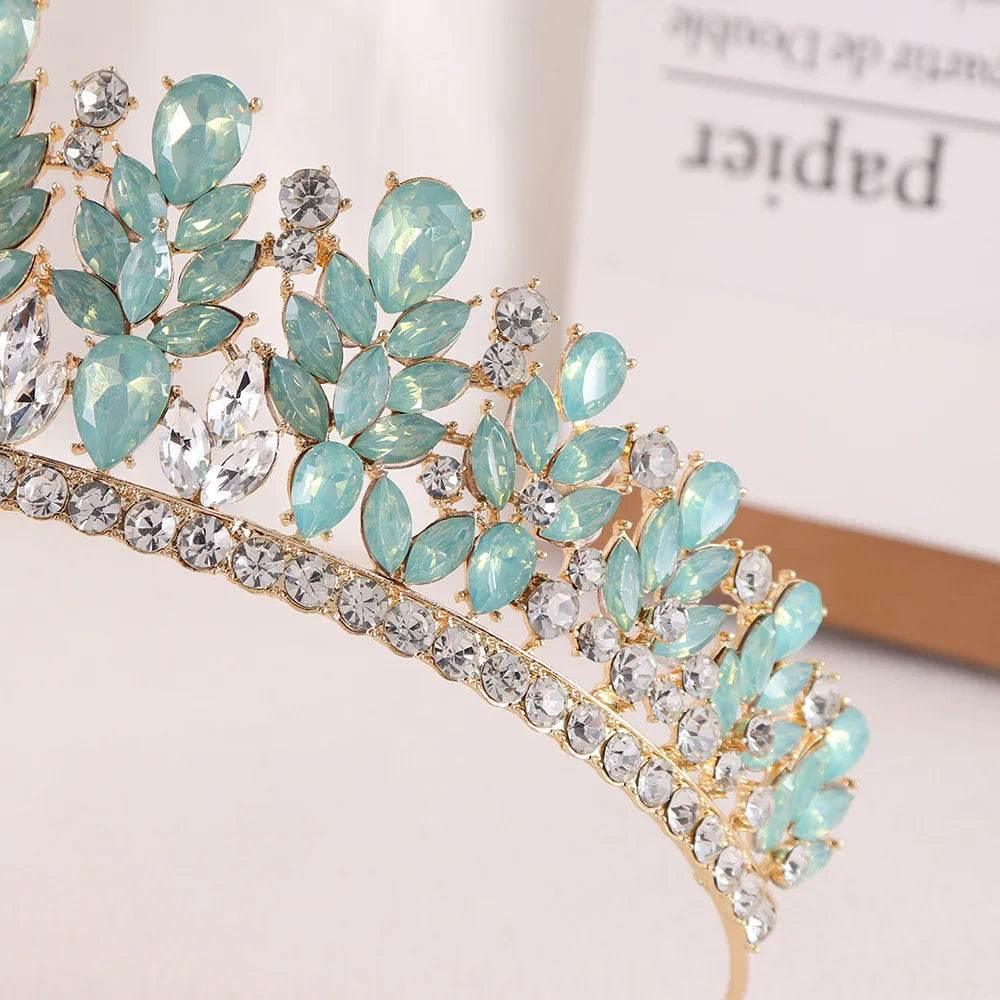 Baroque Green Pink Opal Wedding Headband Crystal Bridal Crown Tiara Hair Jewelry Accessories Women Rhinestone Royal Queen Diadem - GiFTiFY