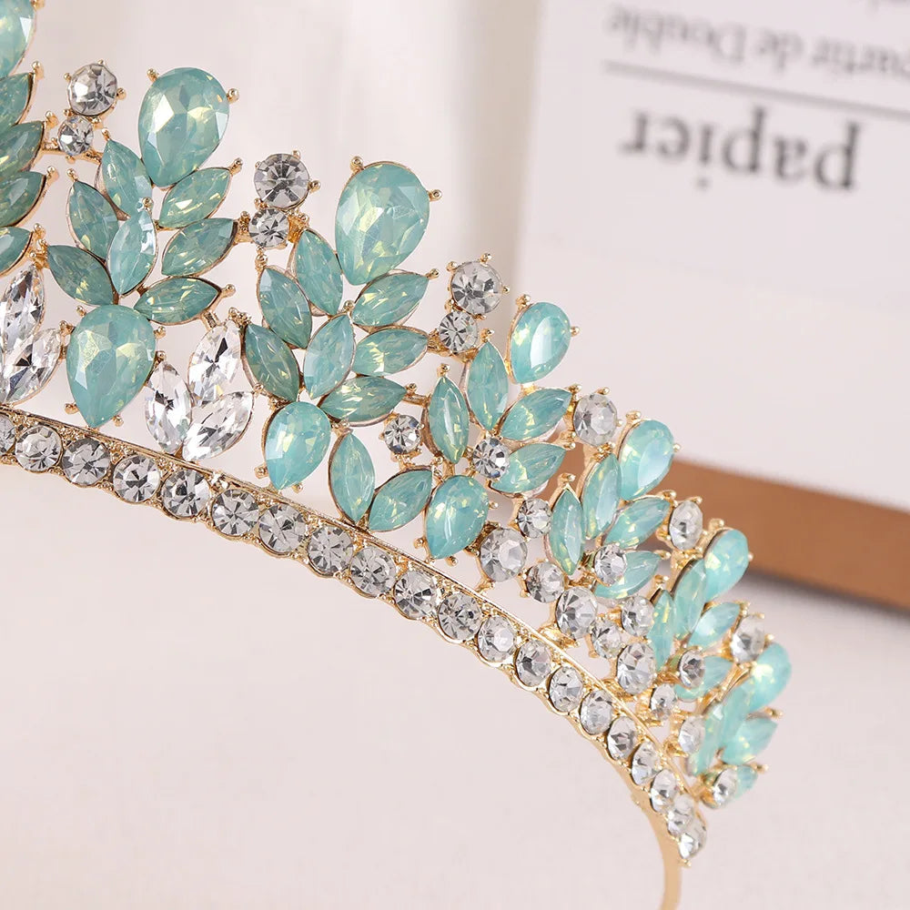 Baroque Green Pink Opal Wedding Headband Crystal Bridal Crown Tiara Hair Jewelry Accessories Women Rhinestone Royal Queen Diadem DSERS