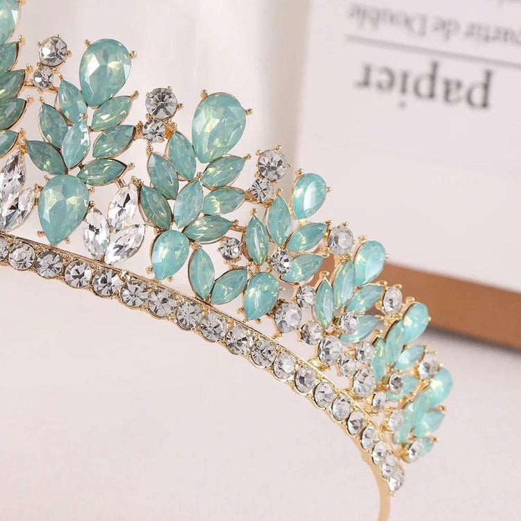 Baroque Green Pink Opal Wedding Headband Crystal Bridal Crown Tiara Hair Jewelry Accessories Women Rhinestone Royal Queen Diadem - GiFTiFY