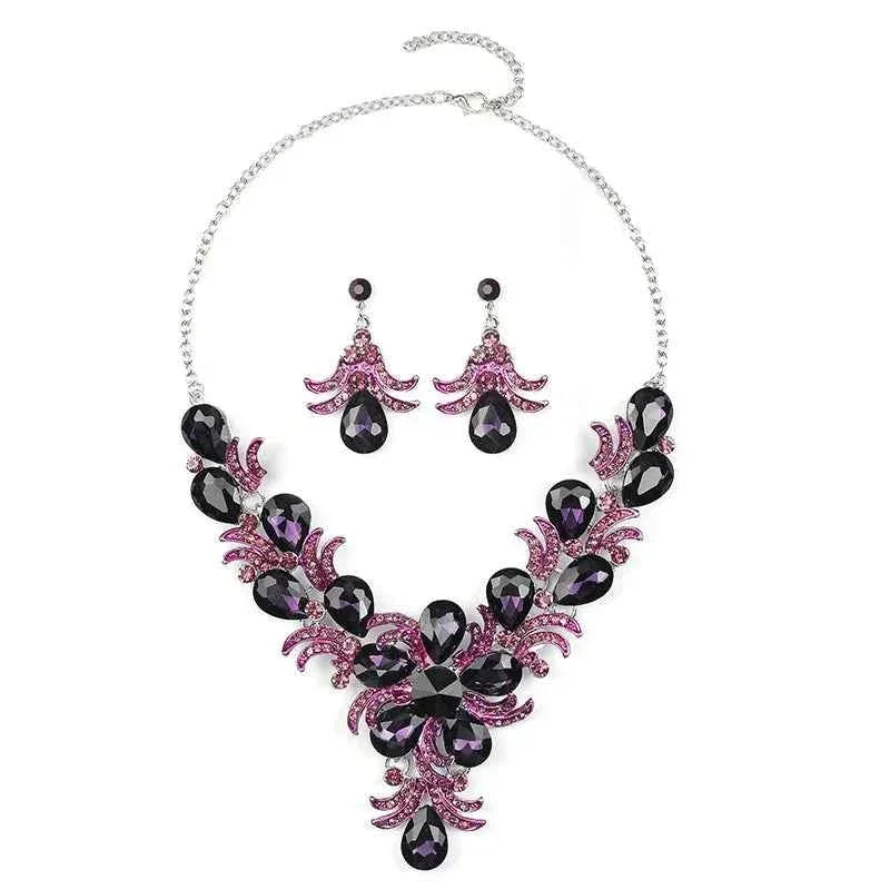 Luxury Purple Crystal Flower Jewelry Set for Women Rhinestone Stud Earrings & Necklace Wedding Party Accessory Bridal Gift by George Black