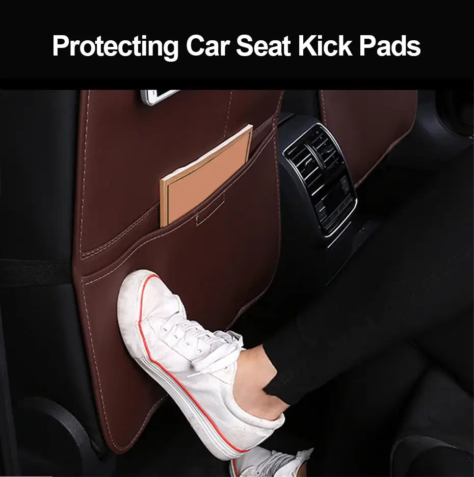 Brown Leather Car Seat Organizer Seametal Anti Kick Pad