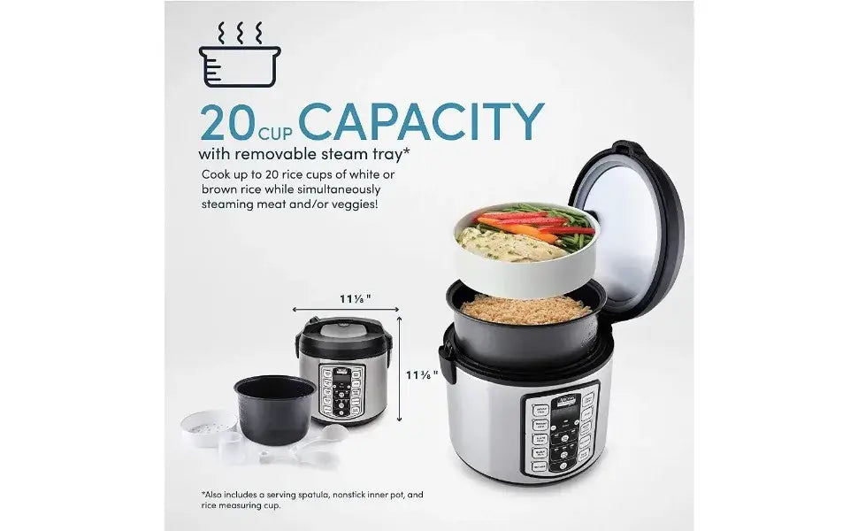 20-Cup Rice Cooker / 5Qt. Digital Rice & Grain Multicooker Food Steamer Slow Grain Cooker Stainless Exterior/Nonstick