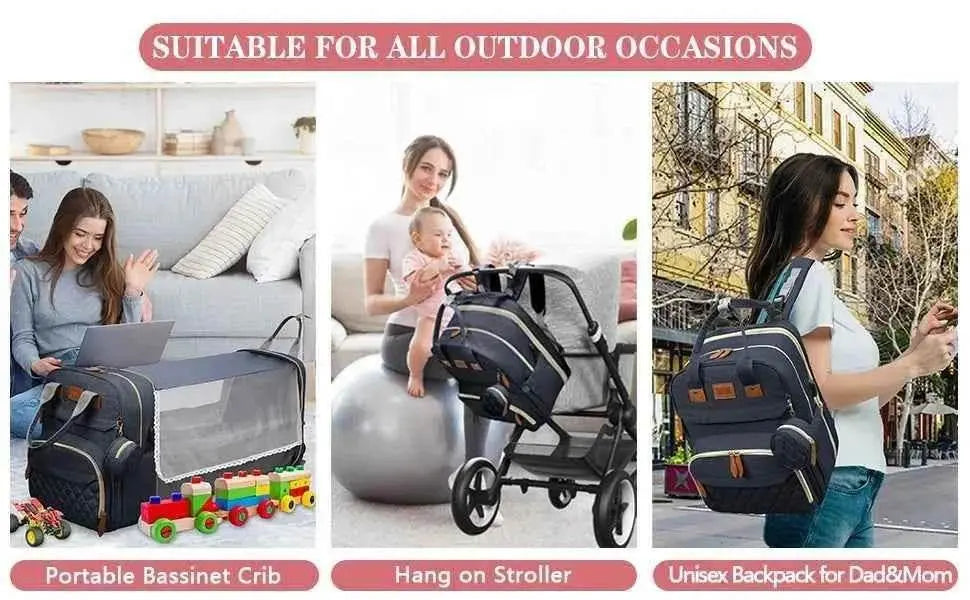3 In 1 Diaper Bag Backpack Foldable Baby Bed Waterproof Travel Bag with USB Charge Diaper Bag Backpack with Changing Bed 3 types Diaper Bag Backpack by DS