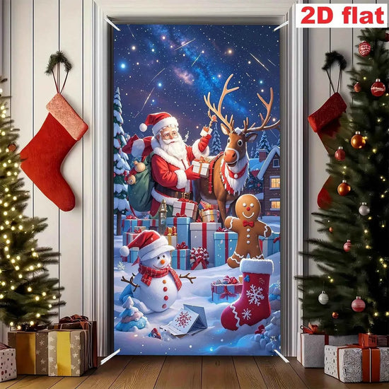 1pcs 2D door signs, holiday Christmas door signs Santa Claus with reindeer, snowman, and gingerbread decorations