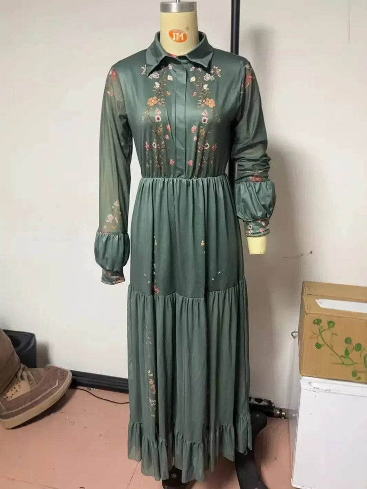 Women's Ethnic Retro Floral Print Pleated Long Dress Sexy Shirt Collar Buttons Maxi Gown for Party Fall Long Sleeve Bohemian - GiFTiFY