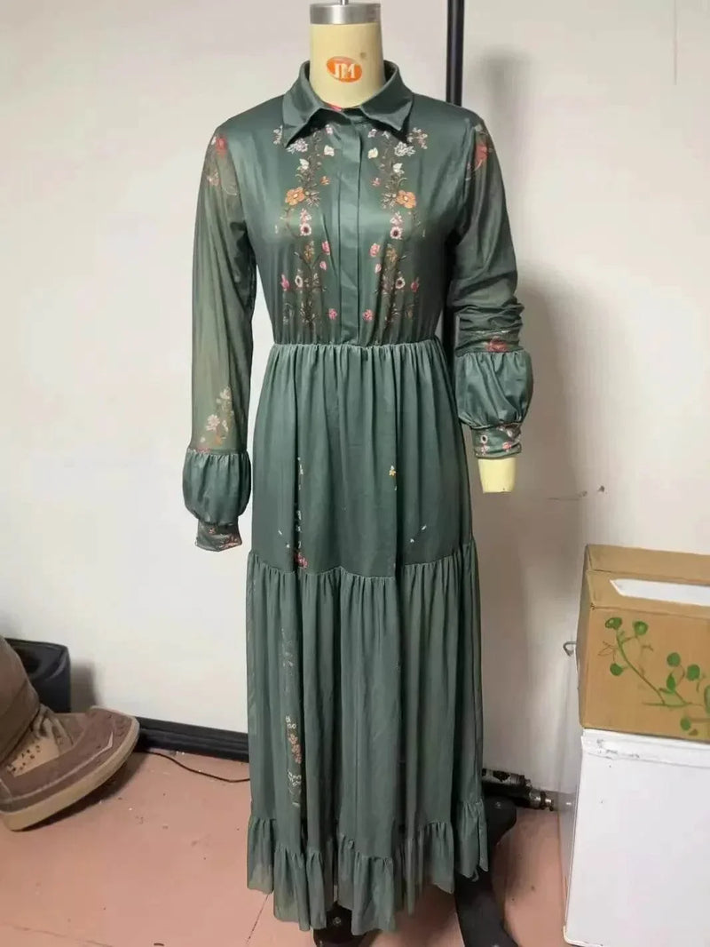 Women's Ethnic Retro Floral Print Pleated Long Dress Sexy Shirt Collar Buttons Maxi Gown for Party Fall Long Sleeve Bohemian women dress by DSERS