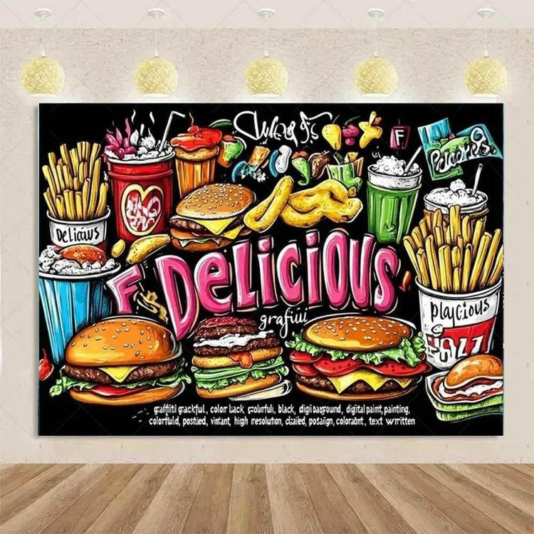 Quick Food Theme Birthday Party Decoration Hamburger French Fries Pizza Background Banner Photography Backdrop Supplies Kid Gift - GiFTiFY