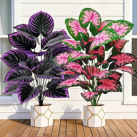 Set of 2 Artificial Caladium Plants with Purple Pink Leaf Faux Bonsai Plant