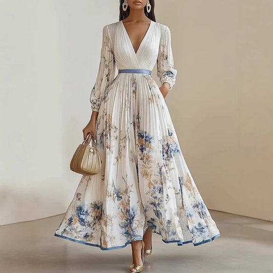 Spring Sexy Ladies Deep V Long Sleeved Swing Dress Vintage Bohemian Commuter Maxi Dress Flower Print Waist Pleated Holiday Dress DSERS