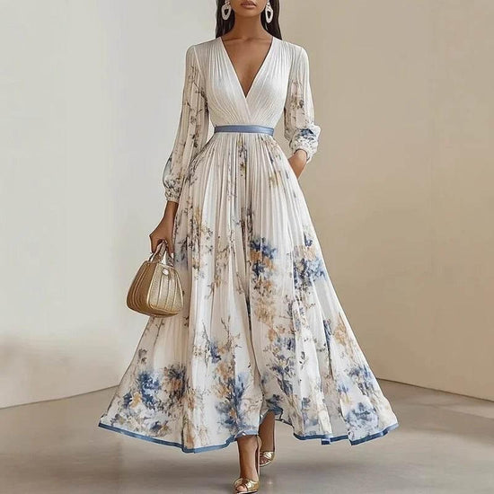 Spring Sexy Ladies Deep V Long Sleeved Swing Dress Vintage Bohemian Commuter Maxi Dress Flower Print Waist Pleated Holiday Dress - GiFTiFY