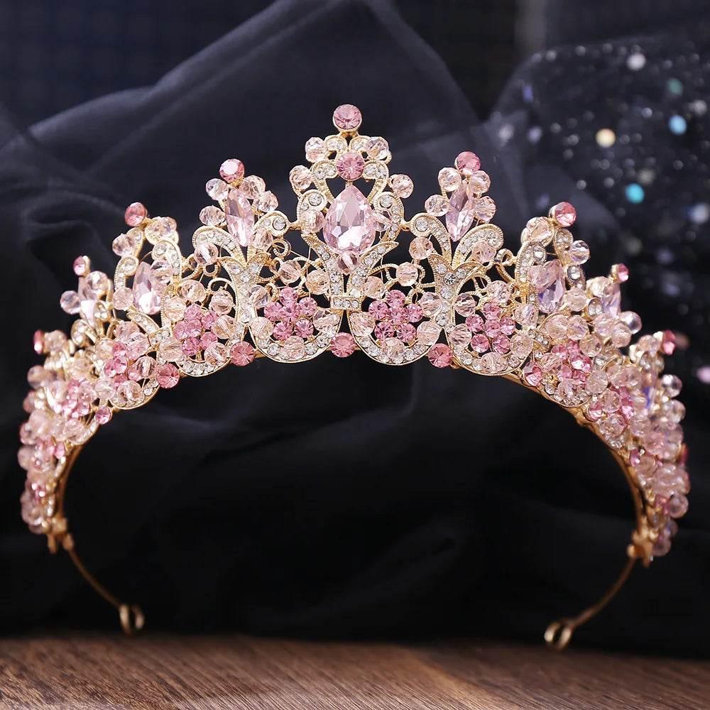 Baroque Pink Crystal Beads Bridal Crowns Handmade Tiaras Bride Headbands Rhinestone Diadem Queen Crown Wedding Hair Accessories Tiaras by DSERS