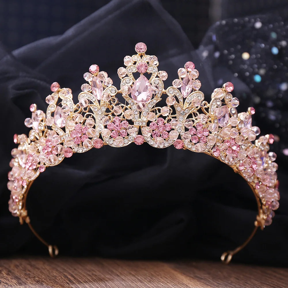 Baroque Pink Crystal Beads Bridal Crowns Handmade Tiaras Bride Headbands Rhinestone Diadem Queen Crown Wedding Hair Accessories DSERS