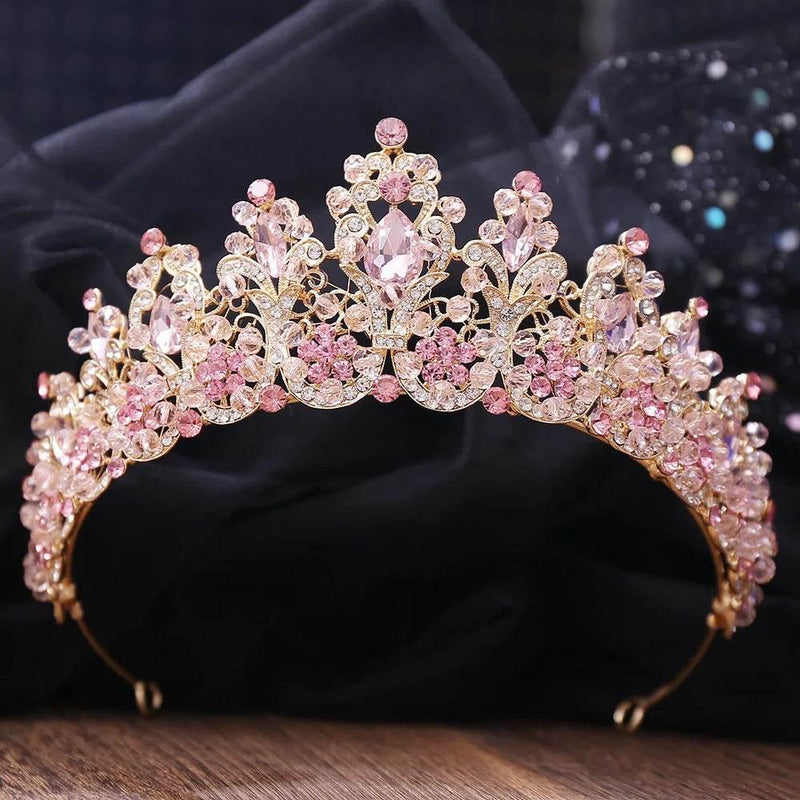 Baroque Pink Crystal Beads Bridal Crowns Handmade Tiaras Bride Headbands Rhinestone Diadem Queen Crown Wedding Hair Accessories Tiaras by DSERS