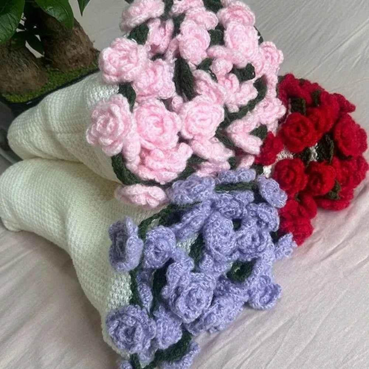 Creative Crochet Rose Bouquet Blanket Fashion Finished Rose Nap Blanket Soft Flower Hugging Blanket Valentine&