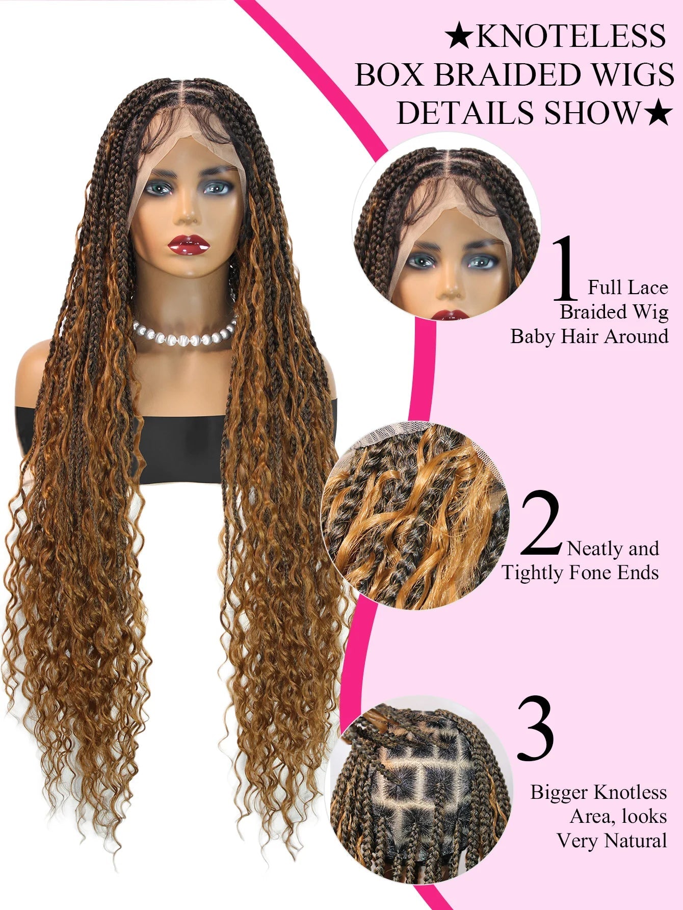 Boho Knotless Braided Wigs Synthetic Full Lace Braids With Curly Hair Ends Goddess Ombre Blonde Box Braided Wigs With Baby Hair GiFTiFY