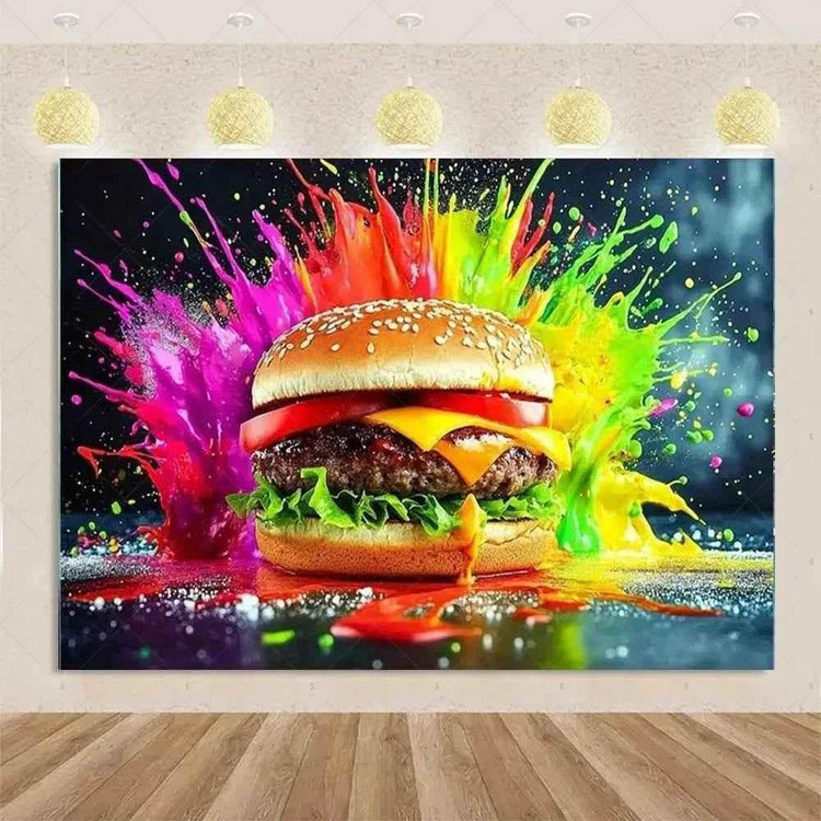 Quick Food Theme Birthday Party Decoration Hamburger French Fries Pizza Background Banner Photography Backdrop Supplies Kid Gift - GiFTiFY