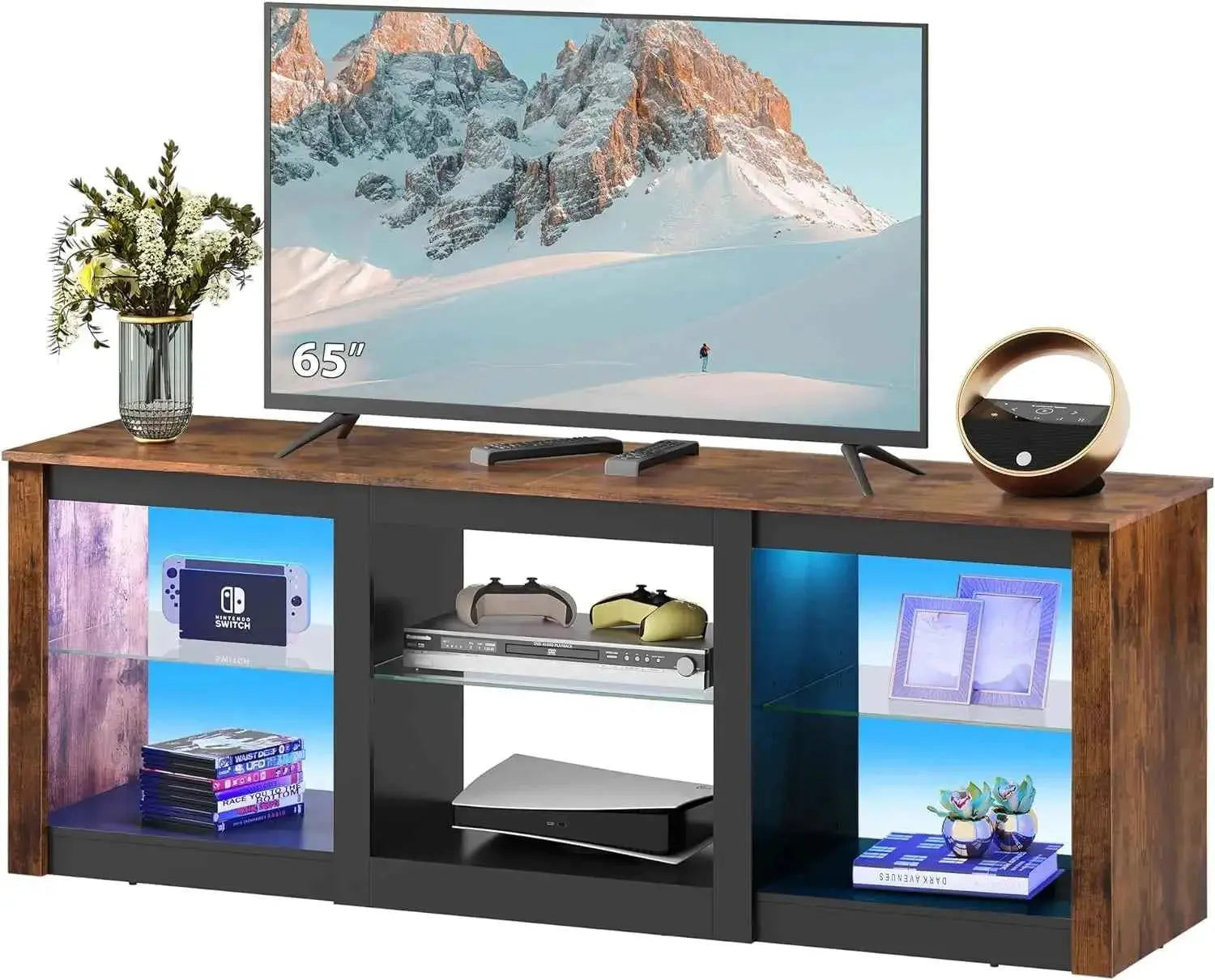 LED TV Stand for 65-Inch TV, 58-Inch Entertainment Center with Adjustable Glass Shelves, Modern Media Console for Living - GiFTiFY
