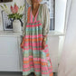 New Strip Printed Women's Maxi Dresses Summer Autumn Fashion Casual High Waist Puff Sleeve Loose Dresses Womens Clothing DSERS
