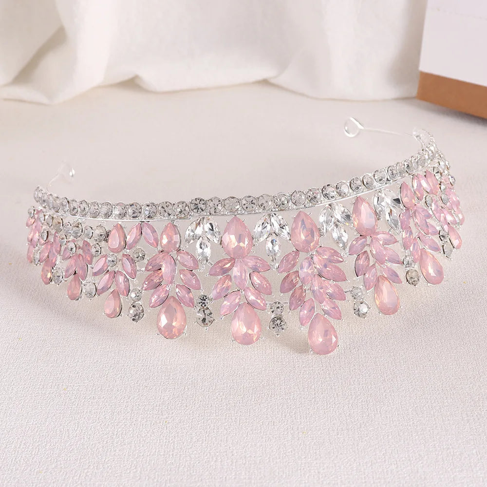 Baroque Green Pink Opal Wedding Headband Crystal Bridal Crown Tiara Hair Jewelry Accessories Women Rhinestone Royal Queen Diadem DSERS