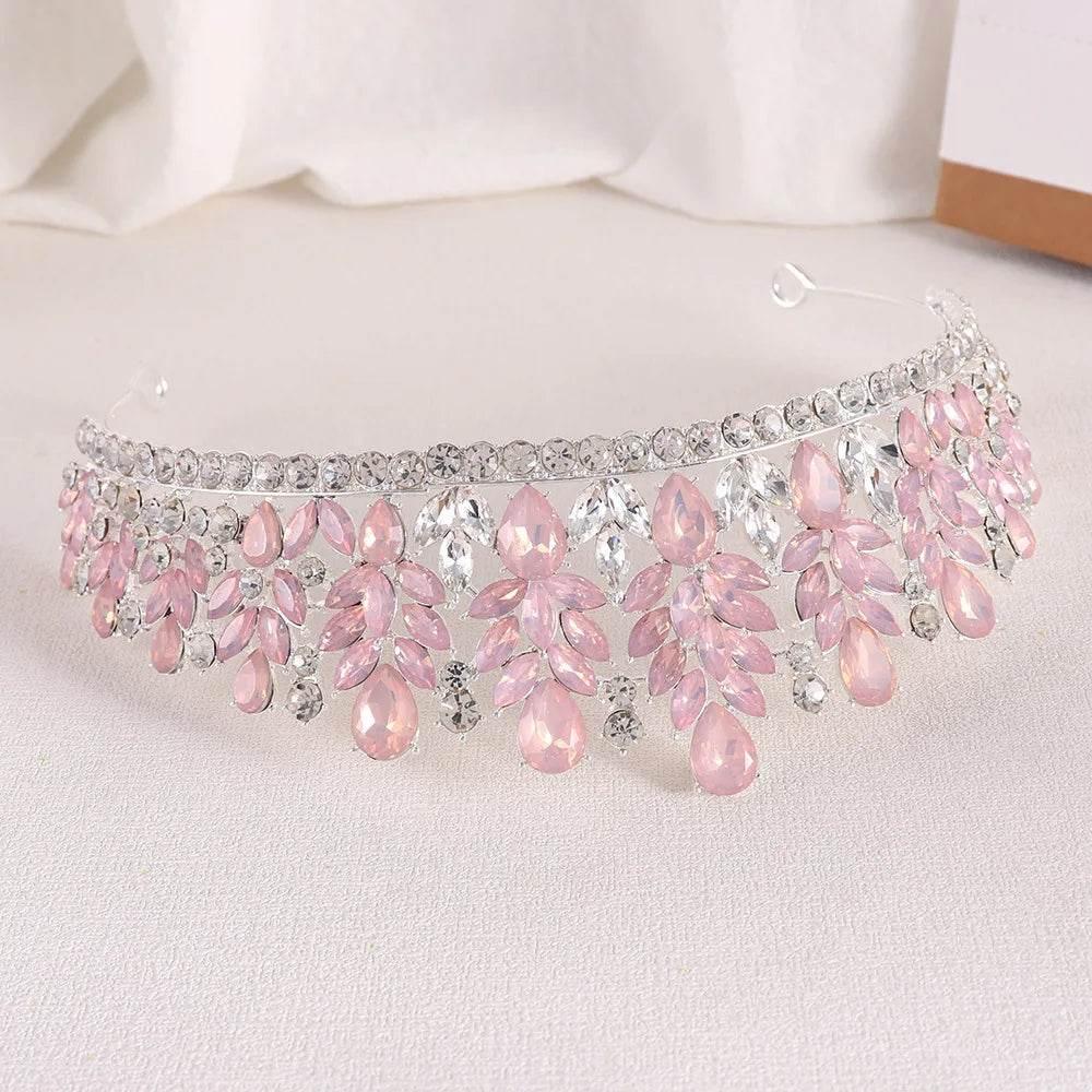 Baroque Green Pink Opal Wedding Headband Crystal Bridal Crown Tiara Hair Jewelry Accessories Women Rhinestone Royal Queen Diadem Tiaras by DSERS