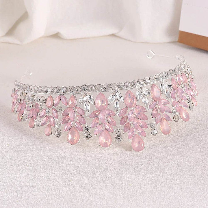 Baroque Green Pink Opal Wedding Headband Crystal Bridal Crown Tiara Hair Jewelry Accessories Women Rhinestone Royal Queen Diadem - GiFTiFY