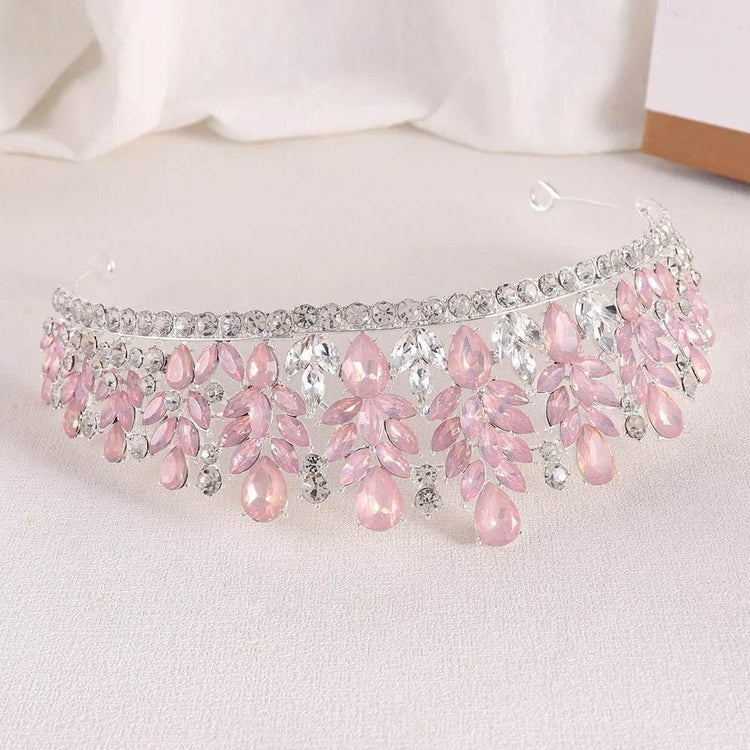 Baroque Green Pink Opal Wedding Headband Crystal Bridal Crown Tiara Hair Jewelry Accessories Women Rhinestone Royal Queen Diadem - GiFTiFY