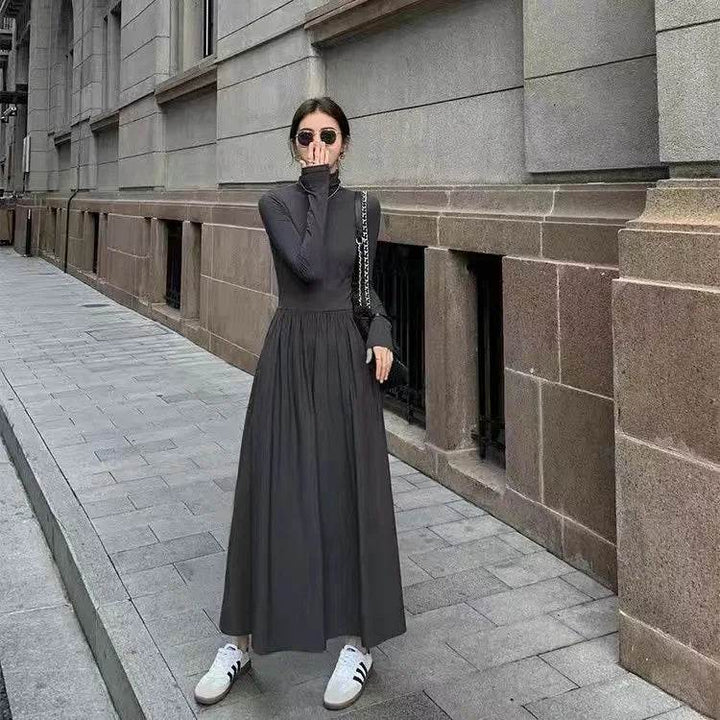 New French Style Temperament Women's High-Grade Black Dress Hepburn Style Gray Turtleneck Dress for Women Autumn Winter DF4964 - GiFTiFY