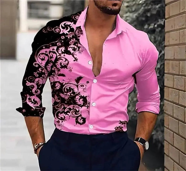 Men's Pink Fashion Shirt Hawaii Party New Men's Long Sleeve Button Collar Shirt Slimming Fashion Elegant Men's T-shirt 6XL. Men's Fashion Shirt . - GiFTiFY
