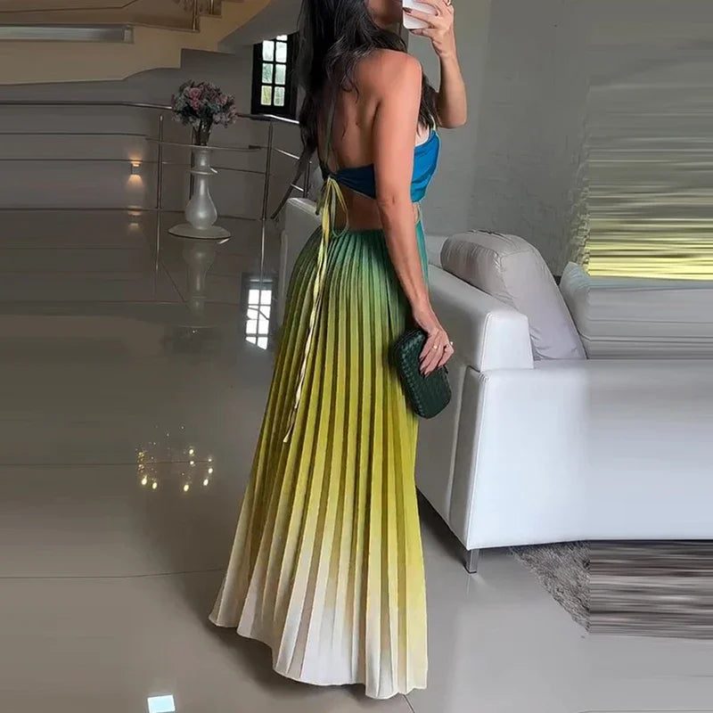 Women O-neck Lace Up Backless Holiday Dress Elegant High Waist Loose Party Dresses  New Gradient Printed Pleated Long Dress DSERS