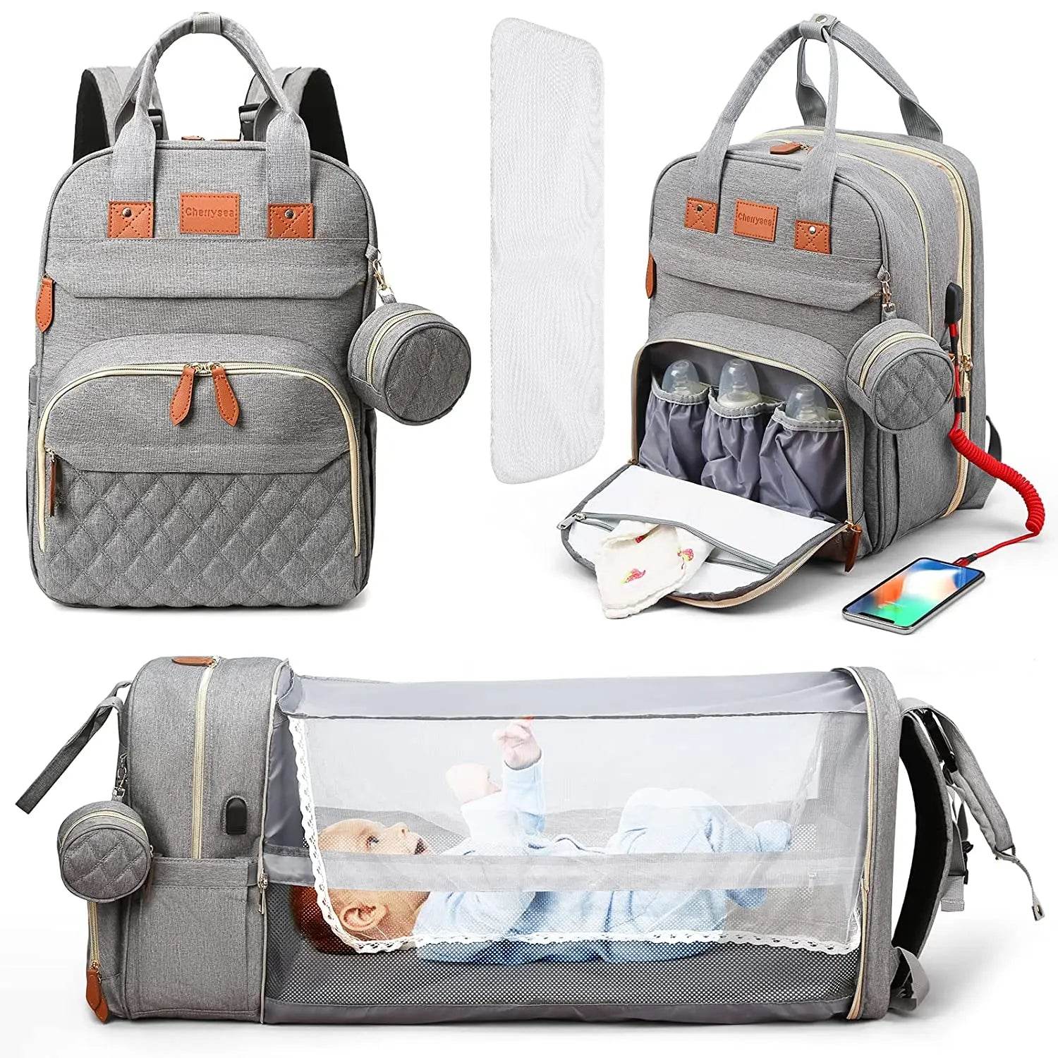 3 In 1 Diaper Bag Backpack Foldable Baby Bed Waterproof Travel Bag with USB Charge Diaper Bag Backpack with Changing Bed 3 types - GiFTiFY