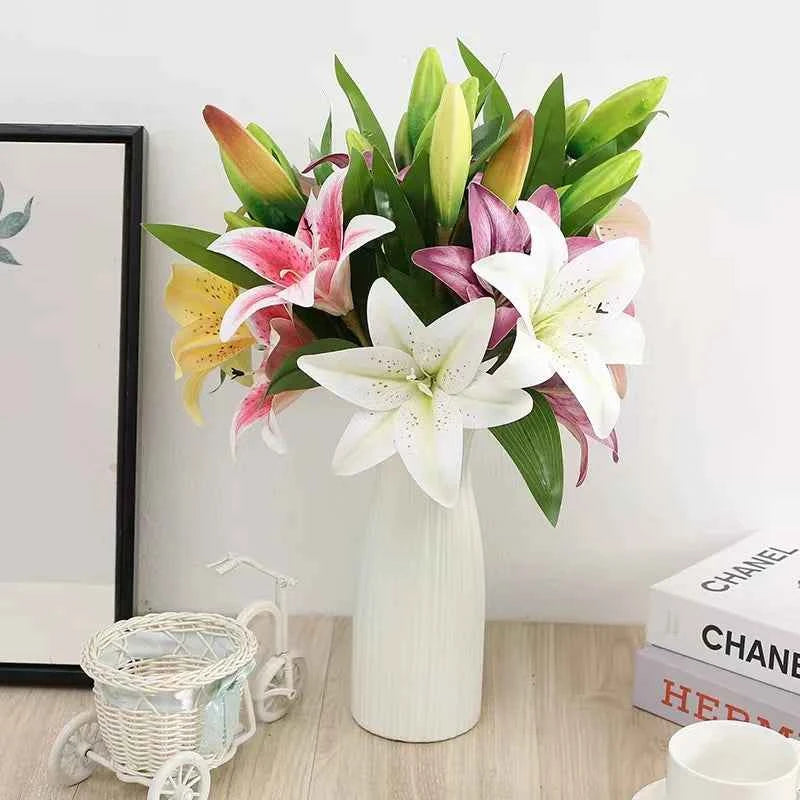 3Heads Artificial Flowers Lily Real Touch Fake Flowers for Wedding Home Party Garden Office Decoration Plastic Lily Faux Flowers by DSERS