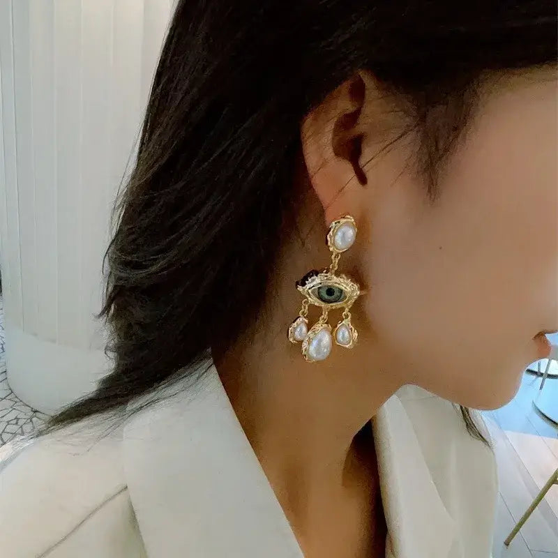 French Style Exaggerated Big Eyes Long Earrings Fashion Pearl Water Droplets Earring