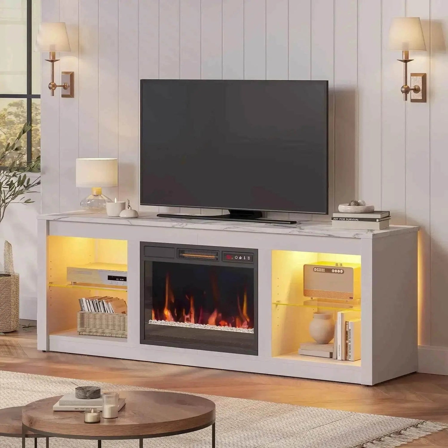 Modern Electric 7 Color LED Fireplace TV Stand for TVs up to 70", White Marble