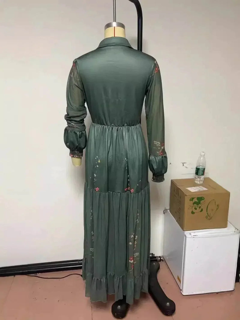 Women's Ethnic Retro Floral Print Pleated Long Dress Sexy Shirt Collar Buttons Maxi Gown for Party Fall Long Sleeve Bohemian women dress by DSERS