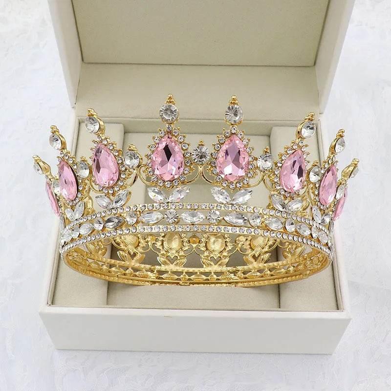 Luxury Retro Gold Color Pink Crystal Round Bridal Crown Classic Baroque Rhinestone Diadem Tiaras Women Wedding Hair Accessories Tiaras by DSERS