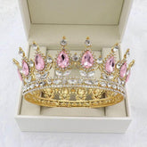 Luxury Retro Gold Color Pink Crystal Round Bridal Crown Classic Baroque Rhinestone Diadem Tiaras Women Wedding Hair Accessories - GiFTiFY