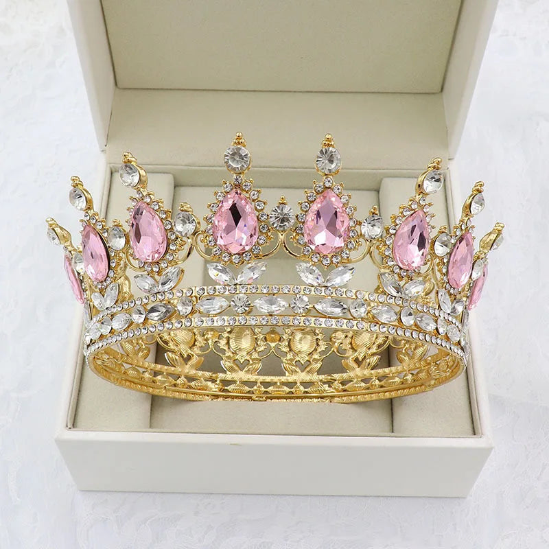 Luxury Retro Gold Color Pink Crystal Round Bridal Crown Classic Baroque Rhinestone Diadem Tiaras Women Wedding Hair Accessories GiFTiFY