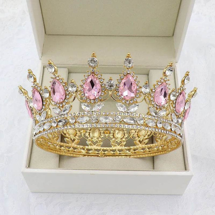 Luxury Retro Gold Color Pink Crystal Round Bridal Crown Classic Baroque Rhinestone Diadem Tiaras Women Wedding Hair Accessories - GiFTiFY