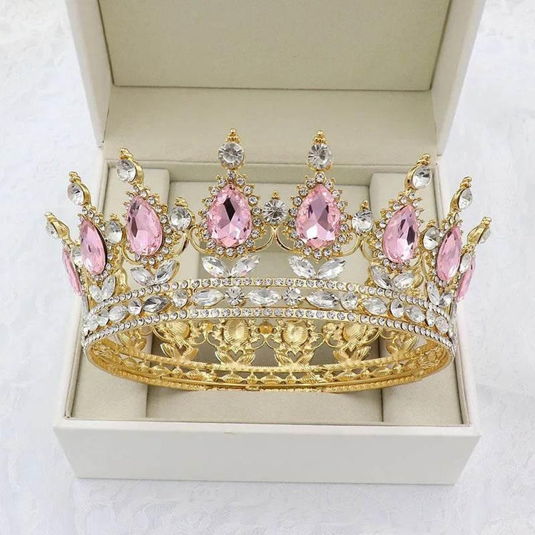 Luxury Retro Gold Color Pink Crystal Round Bridal Crown Classic Baroque Rhinestone Diadem Tiaras Women Wedding Hair Accessories - GiFTiFY