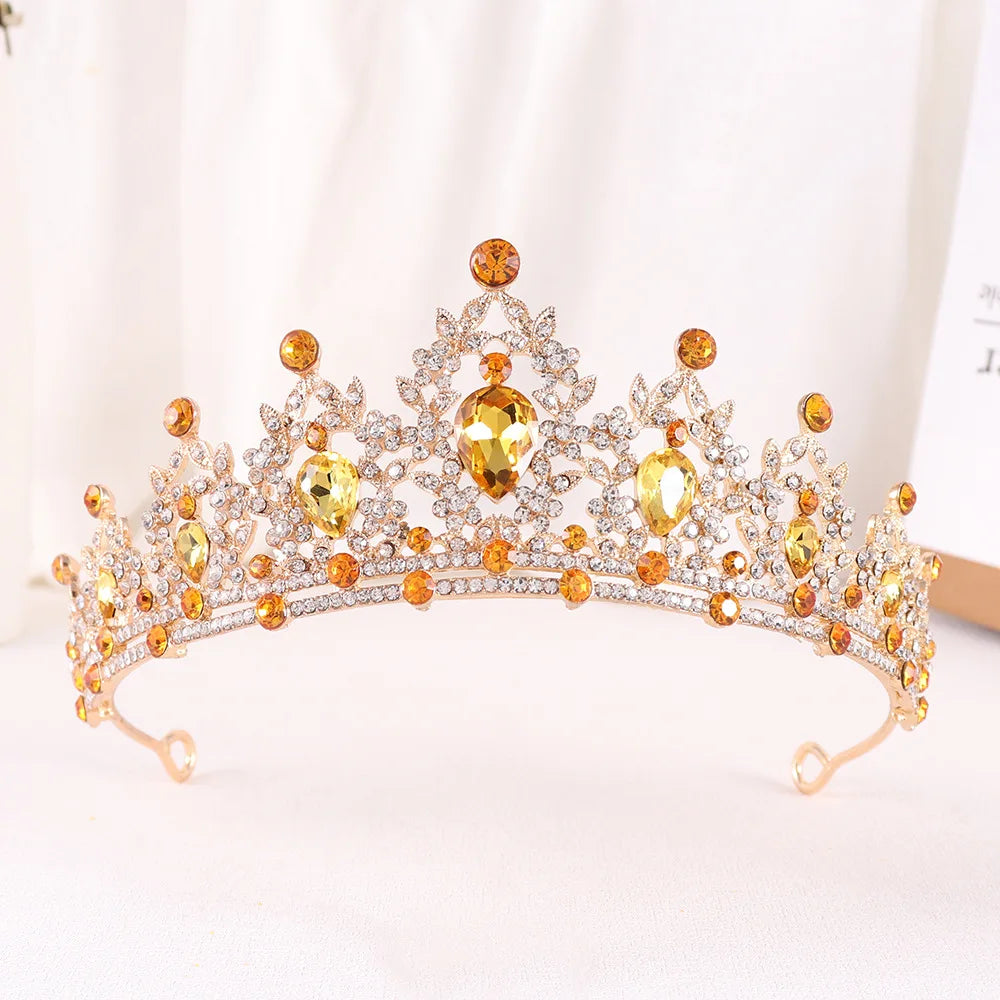 Baroque Gold Color Champagne Crystal Heart Bridal Tiara Crown Rhinestone Pageant Diadem Veil Tiara Headband Wedding Hair Jewelry GiFTiFY