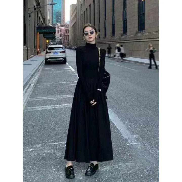 New French Style Temperament Women's High-Grade Black Dress Hepburn Style Gray Turtleneck Dress for Women Autumn Winter DF4964 - GiFTiFY