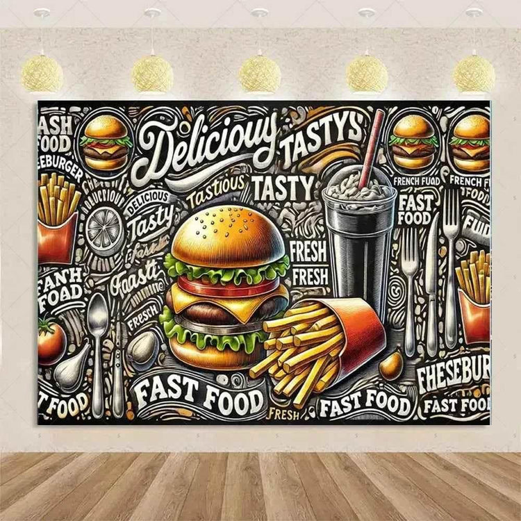 Quick Food Theme Birthday Party Decoration Hamburger French Fries Pizza Background Banner Photography Backdrop Supplies Kid Gift - GiFTiFY