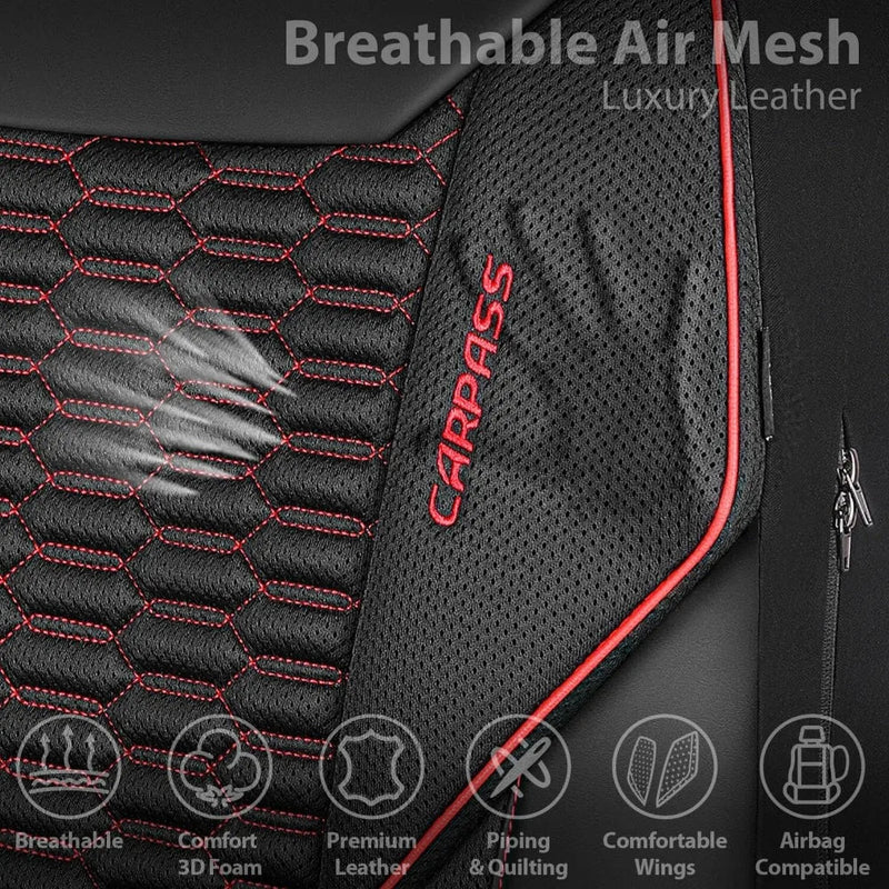 3D Foam Mesh Leather Car Seat Covers Full Set, Breathable Faux Leather, Universal Fit for SUV Truck Sedan, Armrest & Airbag Compatible, Black Red by GiFiFY